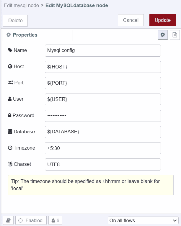 Screenshot of MySQL node property dialog with the environment variables added "Screenshot of MySQL node property dialog with the environment variables added"